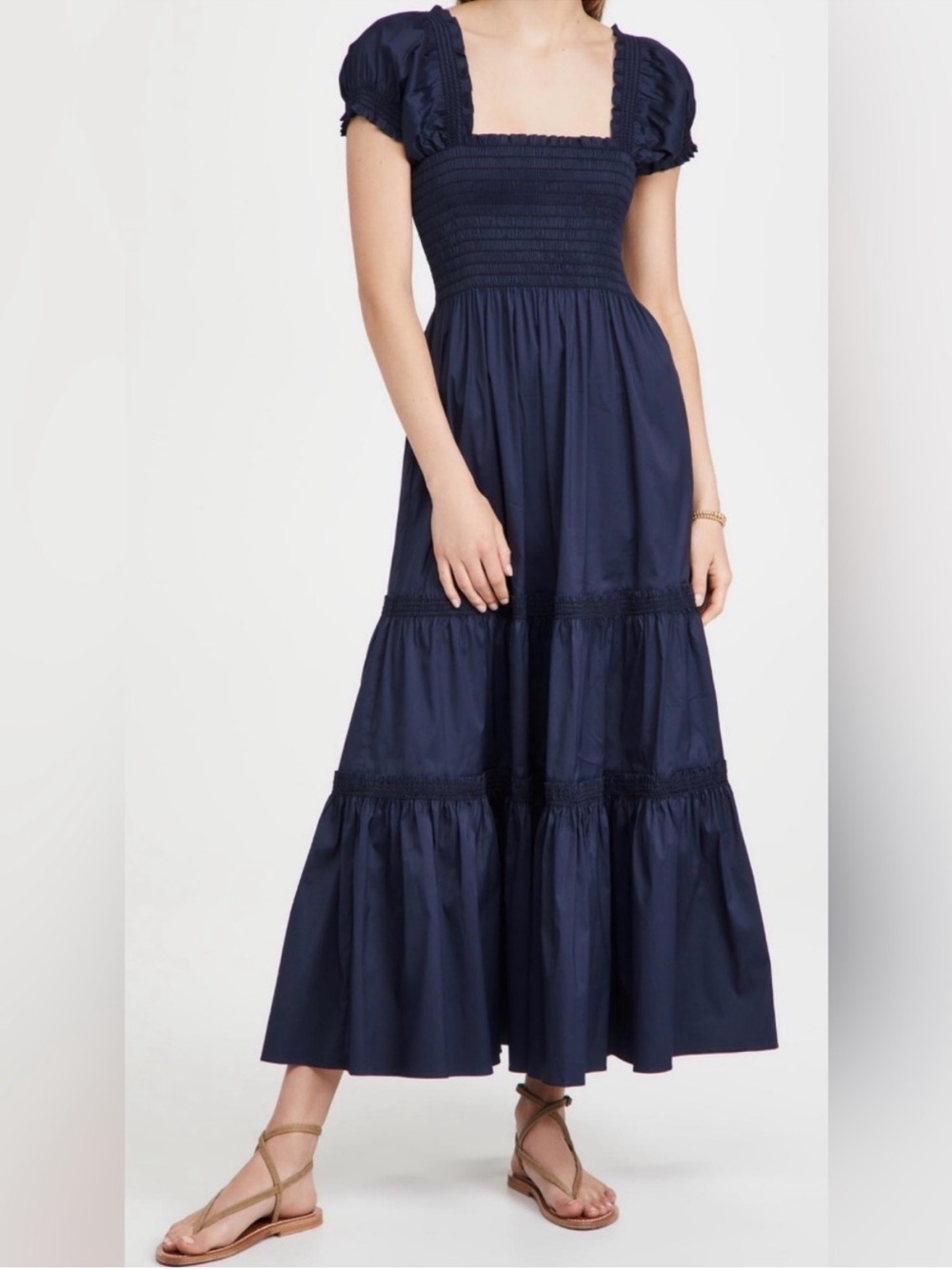 Tory Burch Maxi Blue Long Dress Size Small Square Neckline Tiered Smocked